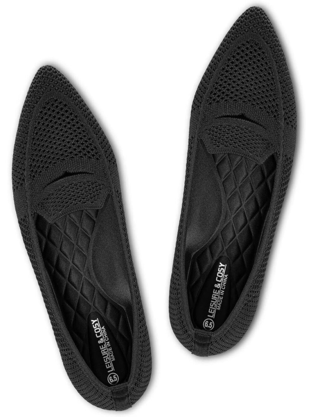 Womens Black Pointed Toe Penny Dressy Ballet Knit Mesh Slip On Flat Loafer Shoes